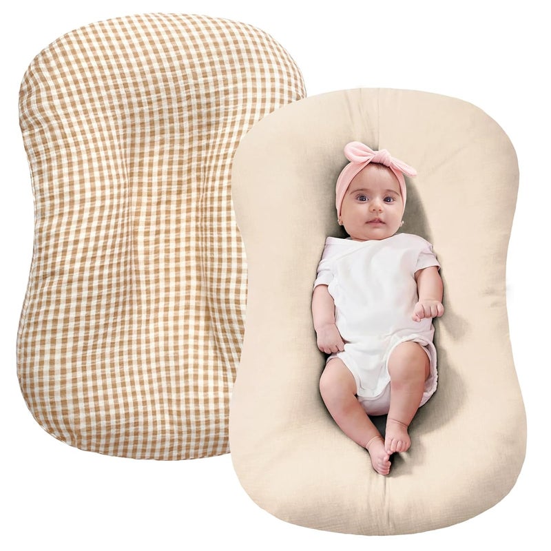 FUNUPUP Muslin Baby Lounger Cover Compatible with Snuggle Me Lounger, Infant Pillow Cover for Newborn, Removable Nest Slipcover for Boys and Girls, Only Cover, Beige and Plaid - Image 1